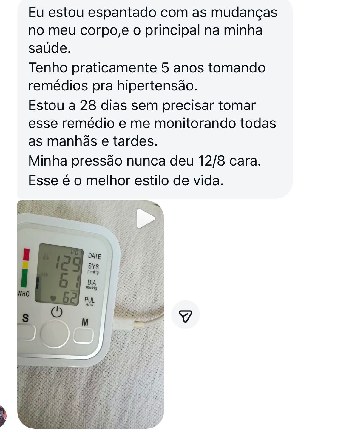 Depoimento de aluno sobre pressão arterial normalizada